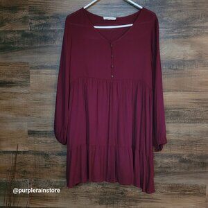 Newbury Kustom Baby Doll Dress M Gauzy Crinkle V Neck Tiered Burgundy Feminine